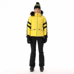 Giacca da sci in twill con cappuccio staccabile con bordo in ecopelliccia da donna