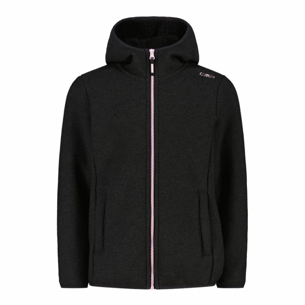 Giacca in pile da bambina in knit tech melange con cappuccio