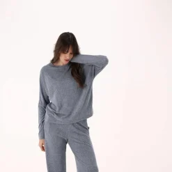 Maglia da donna con collo a barchetta in tessuto jersey mélange