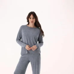 Maglia da donna con collo a barchetta in tessuto jersey mélange