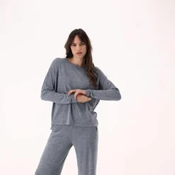 Maglia da donna con collo a barchetta in tessuto jersey mélange